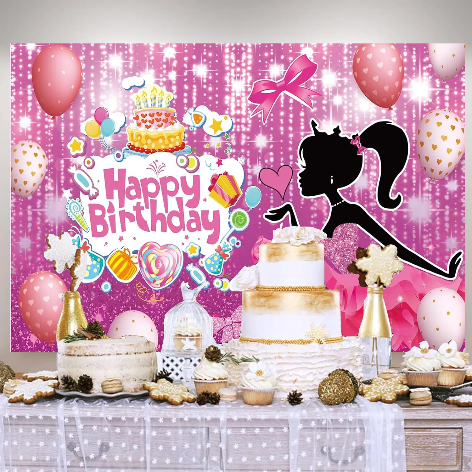 Cartoon Bar&bIEeing Theme Birthday Party Pink Photography Background Props Glamour Girl Gift Banner Cake Table Custom Decoration