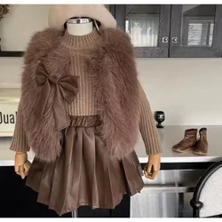 Girls Winter Set 2026 New Foreign Style Thickened Autumn and Winter Waistcoat Bottom Shirt with Velvet skirt Three-piece Set