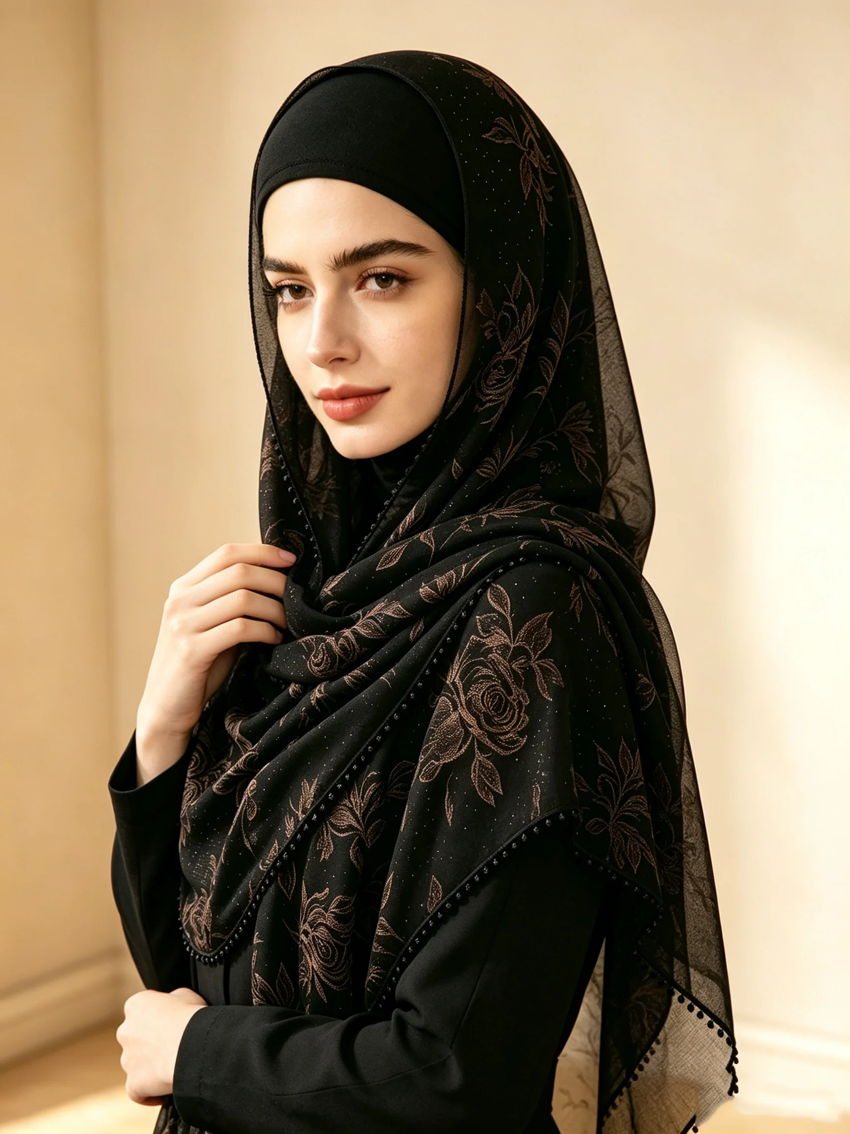 Vintage Glitter Hijab For Women Black Brown Floral Print Shawl With Tassel Edge Muslim Headscarf Islamic Scarf Wrap