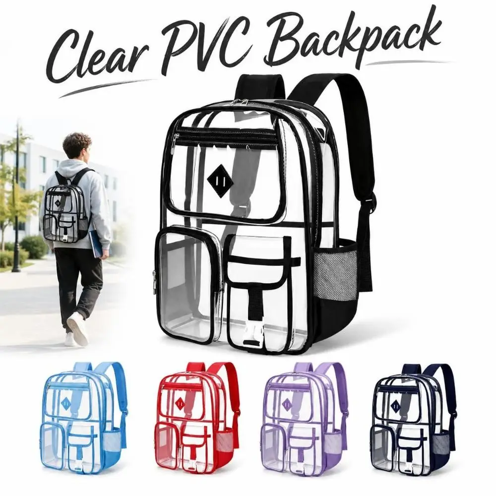 Mult-Pocket Clear PVC Backpack Transparent Waterproof School Backpack Lightweight Wear-Resistant See-Through Bookbag