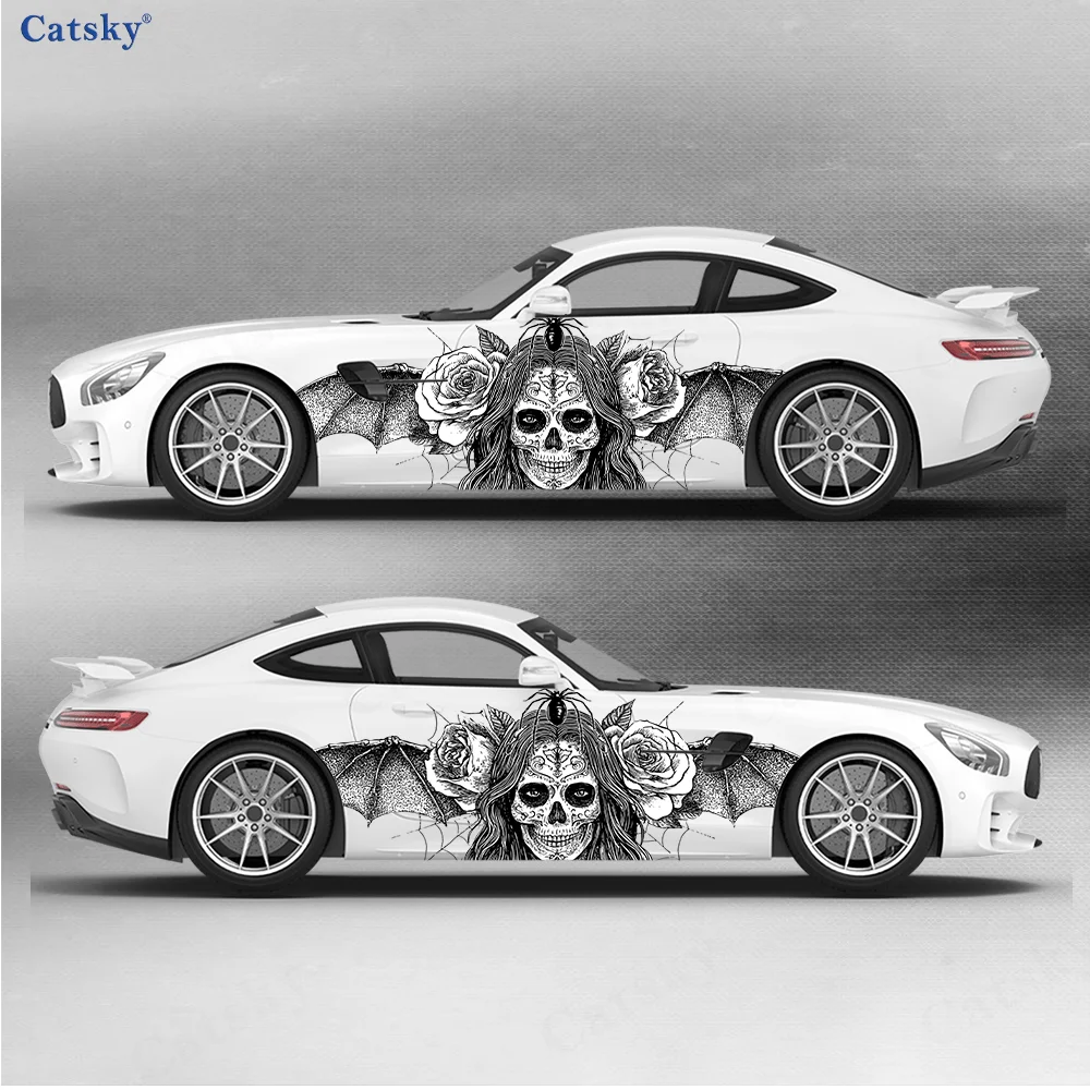 Black and white long hair wing skull bone splatter sticker, suitable for cars and trucks, durable, fade-resistant, easy to insta