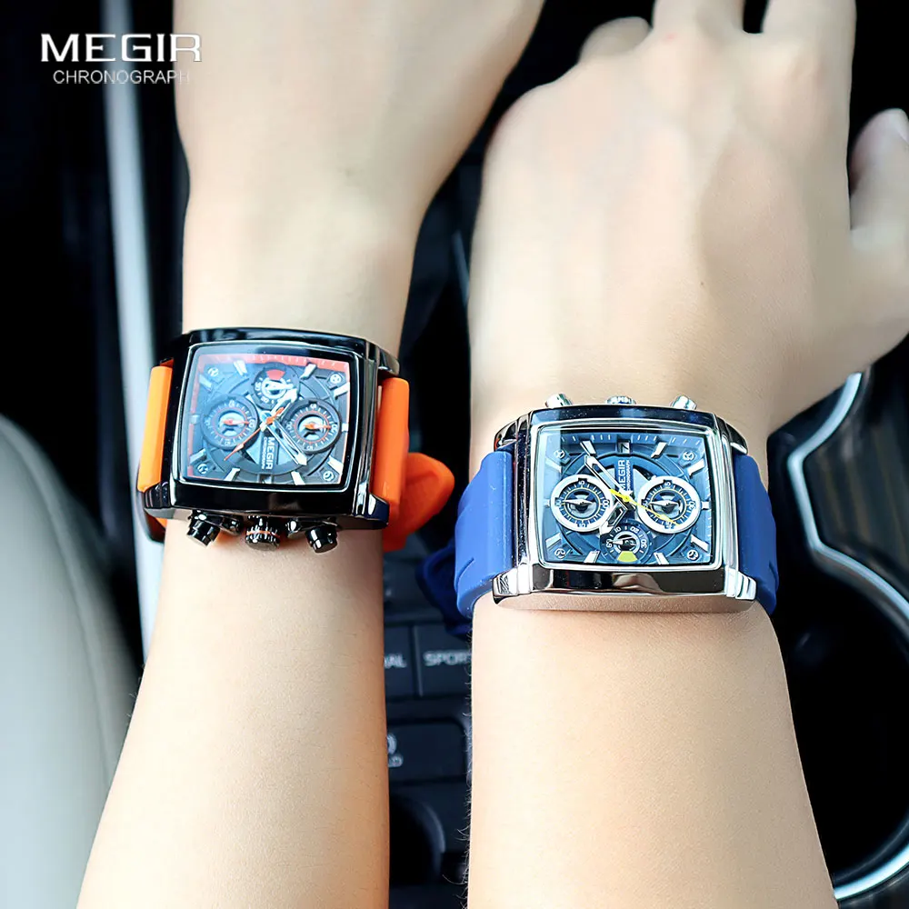 MEGIR Unisex Sport Watch Fashion Waterproof Chronograph Quartz Wristwatch for Women with Luminous Hands Auto Date Rectangle Dial