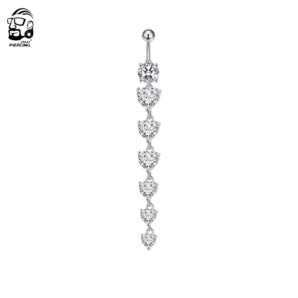 7 Heart Crystals Long Dangled Belly Button Rings