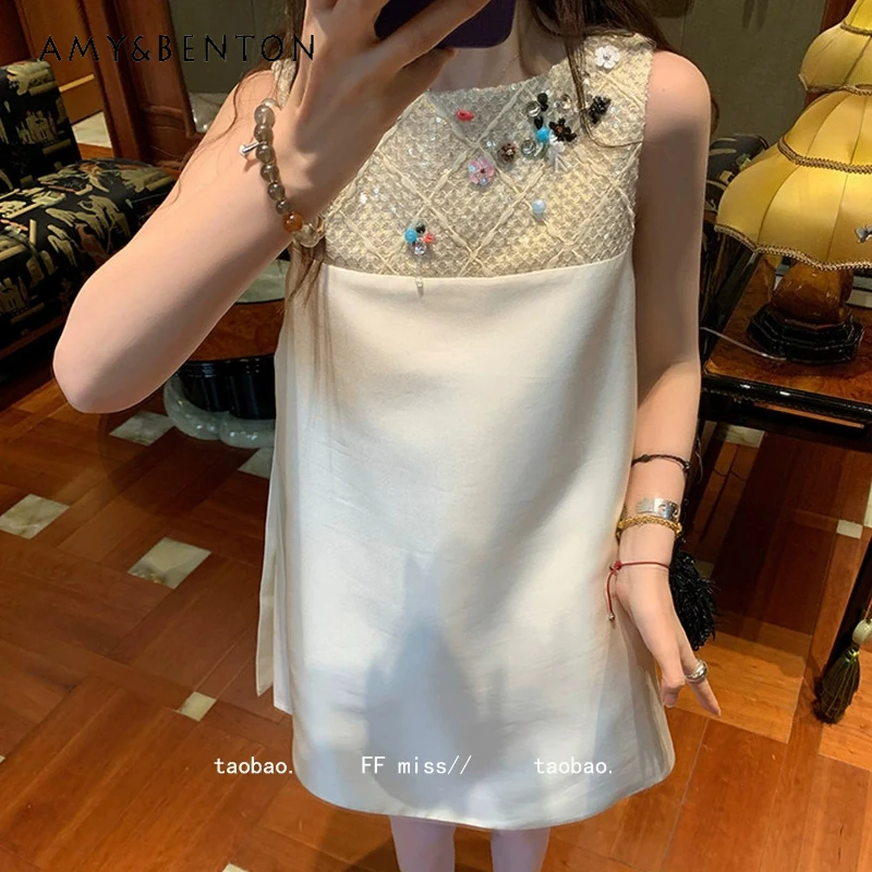 

French Temperament Women's Dress Heavy Industry Diamond-encrusted Flower Splicing Satin Sleeveless Vacation Short Dresses Ladies