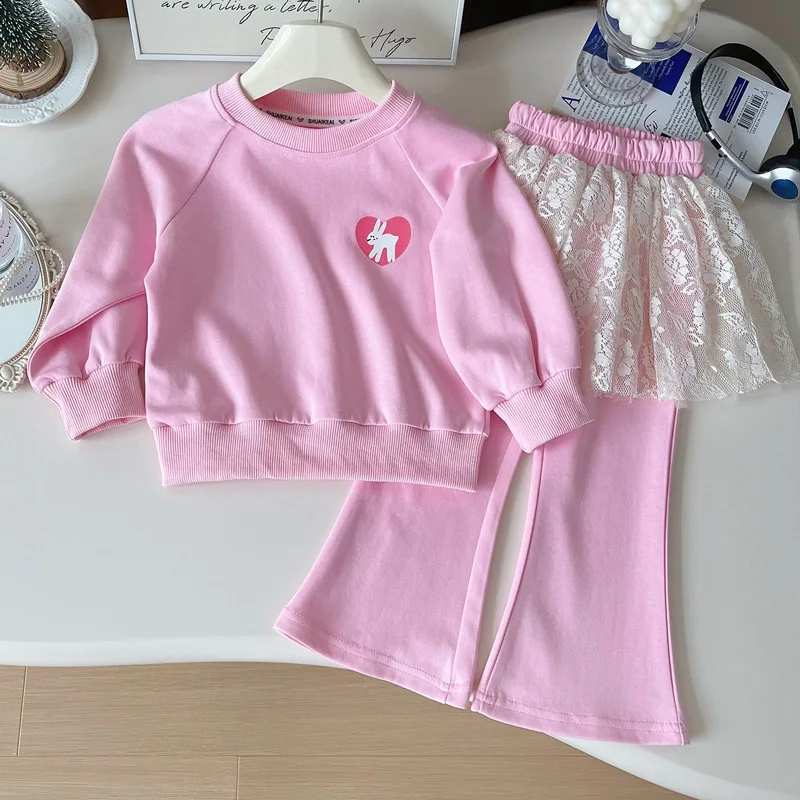 

Baby Girl Fashionable Pink Casual Sweatshirt Outfit Autumn Little Girl Fashionable Bootleg Pants Two-Piece Suit Fashion