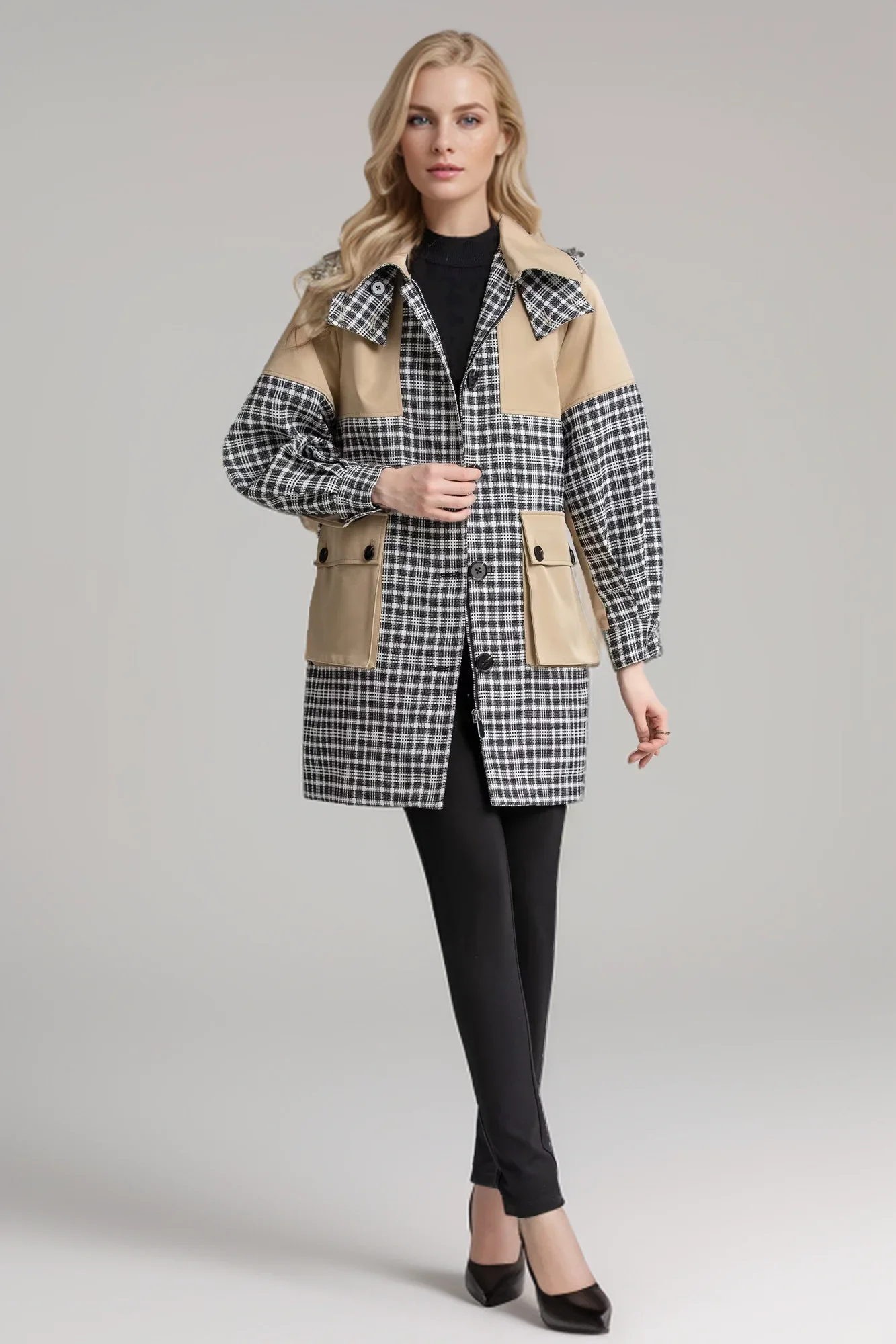 

SEQINYY Elegant Trench Coat Spring Autumn New Fashion Design Women Runway Hooded Plaid Spliced Khaki Pockets Top Belt