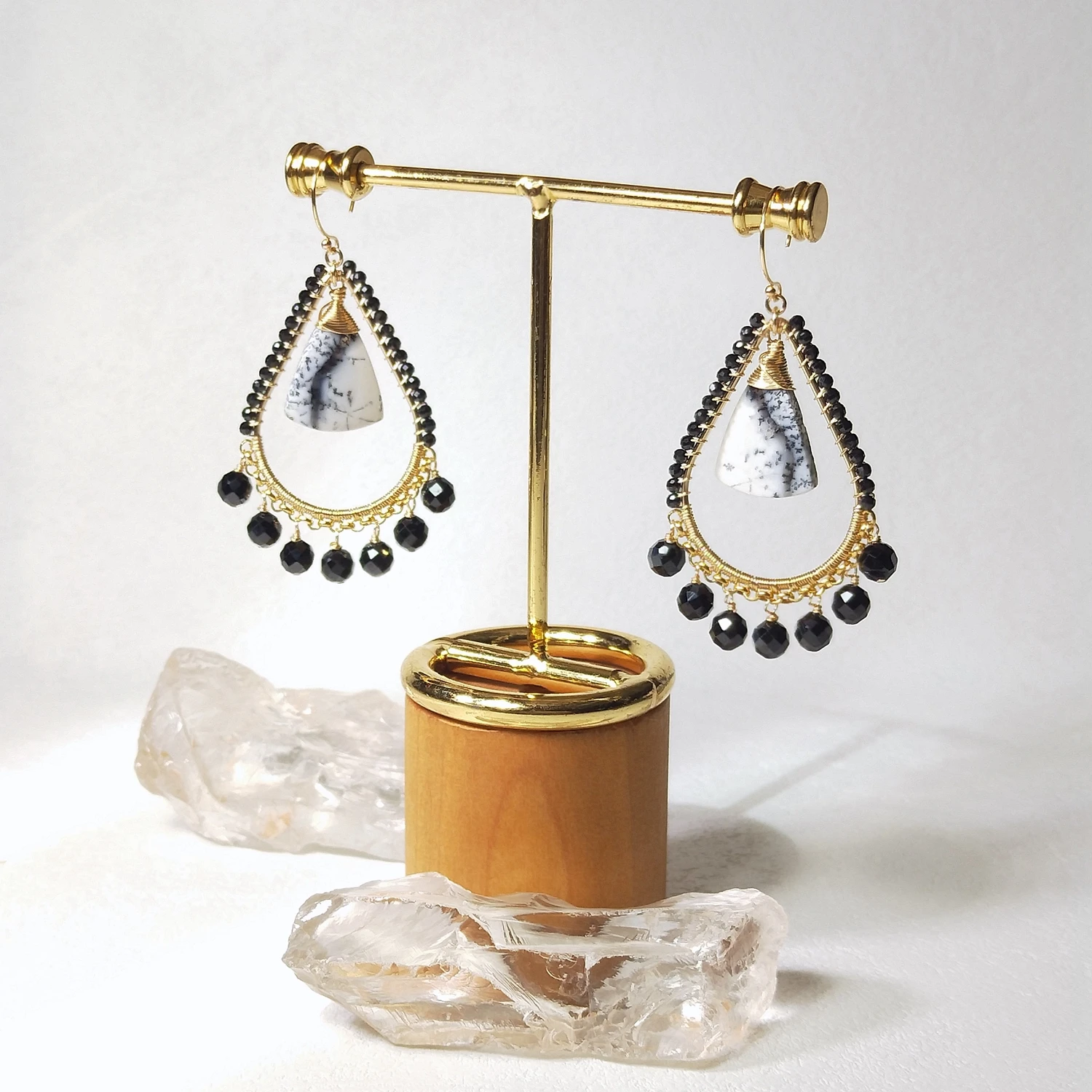 Lii Ji Only 1 Pair Natural Black Spinel With Agate American 14K Gold Filled Dangle Earrings Handmade Jewelry