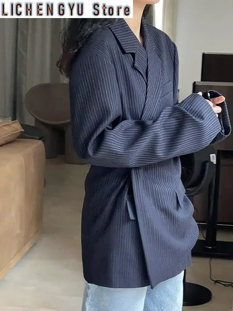 

Women Blue Striped Irregular Button Big Size Blazer New Lapel Long Sleeve Jacket Fashion Tide Spring Autumn