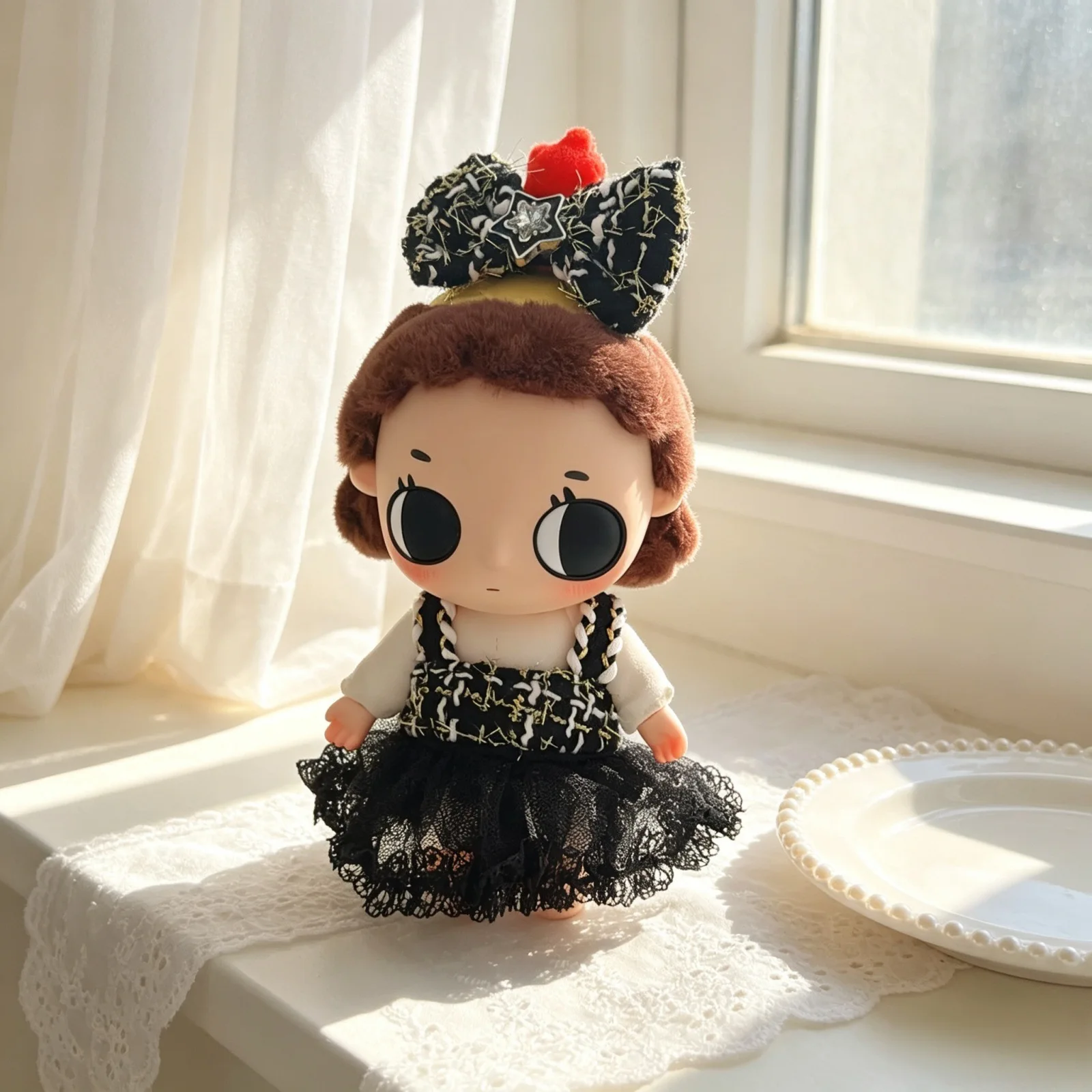 10-15cm Kawaii Mini Idol Doll Clothes Cute Black Bow Dress 2Pcs Set Plush Doll Clothes Accessories Anime Game Periphery