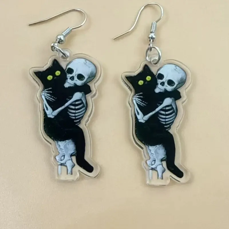 CAOSHI Skeleton Black Cat Acrylic Pendant Earrings for Women Terrifying Exaggerated Skull Earrings Hip-hop Party Jewelry for Men