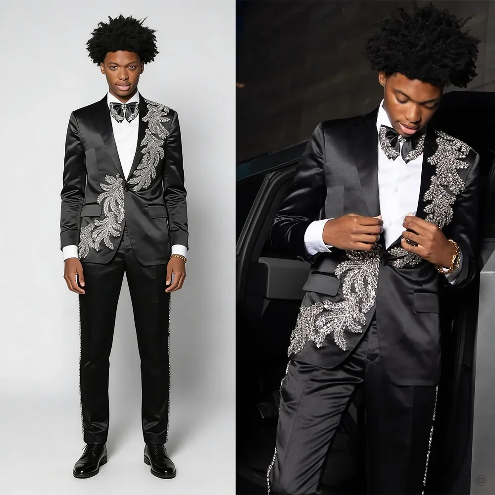 Luxury Men Suits Notched Lapel 2 Pieces Tailor Made Crystal Beaded Jacket One Button Blazer Party Groom Customized Coat Pants