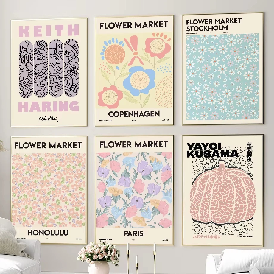 Flower Market Wall Art Abstract Plant Oil Painting Grass Yayoi PumpkinNordic Poster Printing LivingRoom Home Decoration Pictures