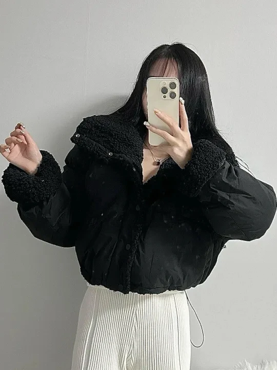 한국 슬레 오르트 코튼 재킷 여성용 겨울 루즈핏 양털 칼라 롱 코트