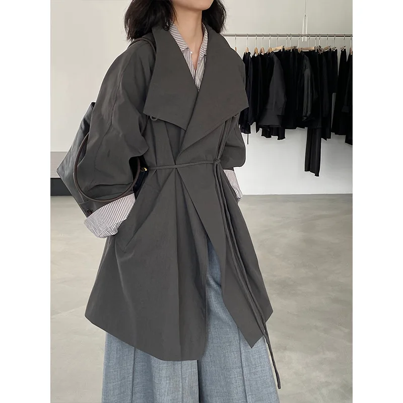 

Jiangzhao Briti Sle женское длинное пальто свободного покроя с завязкой на талии винтажная хлопковая верхняя одежда в клетку средней длины с открытой передней частью