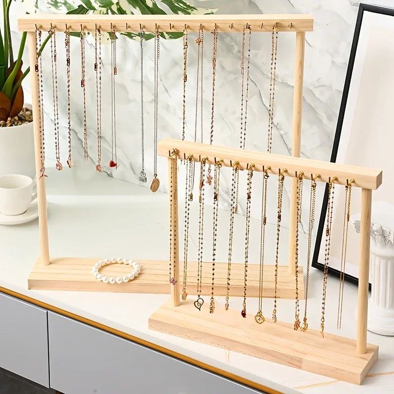Soporte de exhibición organizador de joyas con gancho 12/18, estante de madera para colgar collares, estante de encimera para pendientes, pulseras, escaparate, estante de almacenamiento