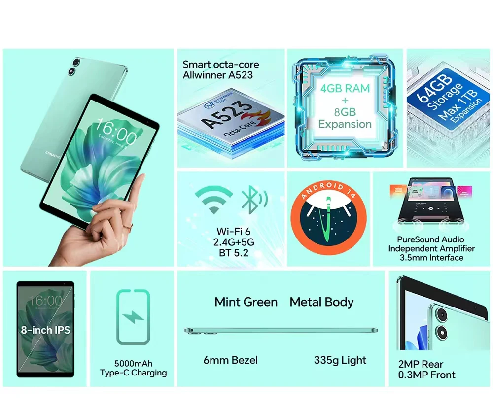 Teclast P85T Tablet PC Allwinner A523 8-Core/8inch 1280*800 HD IPS/4GB RAM/64GB ROM/5000mAh Type-C/Android 14/WiFi6+BT5.2