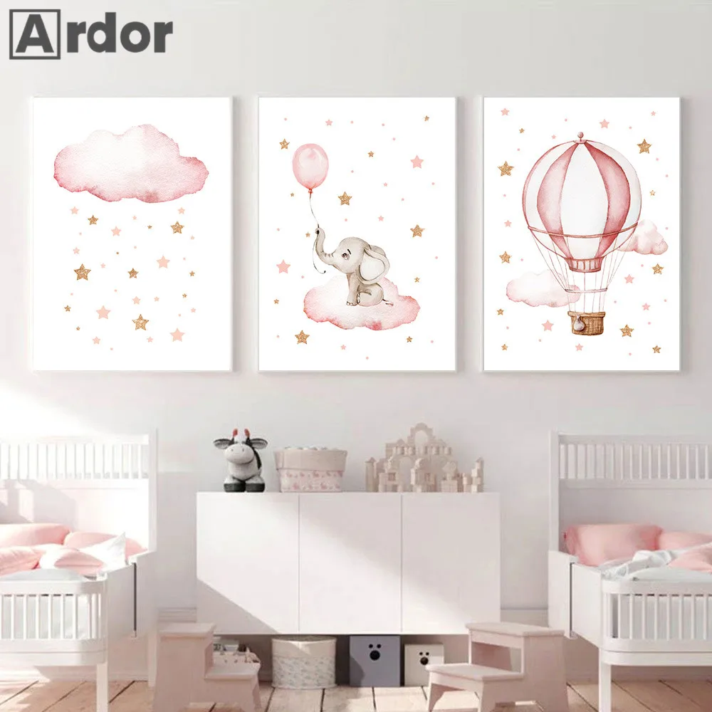 Gold Pink Stars Clouds Wall Art Canvas Print Hot Air Balloon Poster Elephant Art Painting Nursery Wall Pictures Girls Room Decor