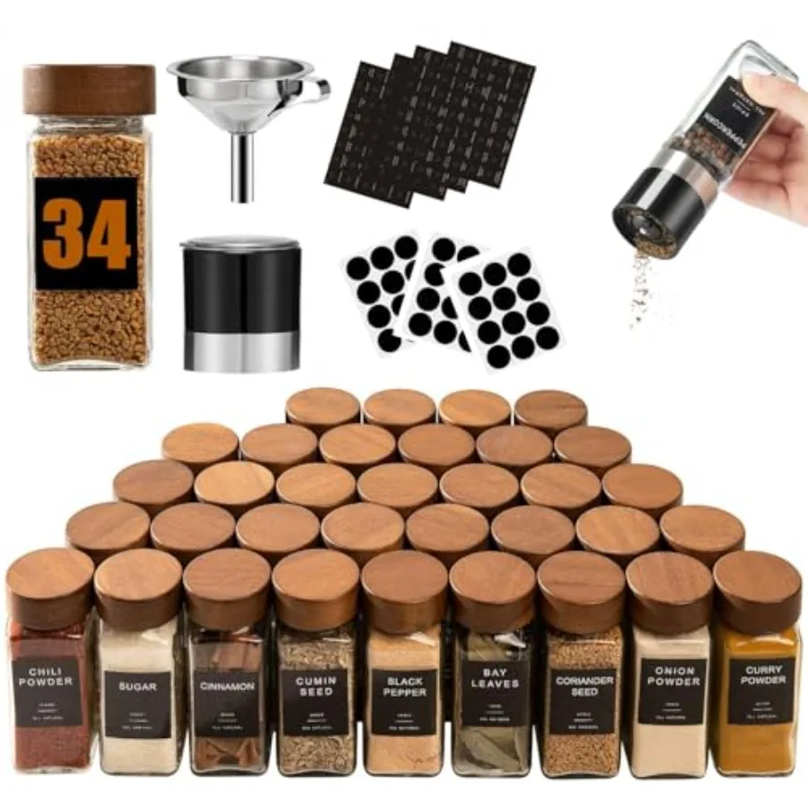 

34Pcs Glass Spice Jars with Labels-4oz Acacia Wood Lid Square Spice Containers with Pepper Grinder Lids andFunnelSeasoning Jars