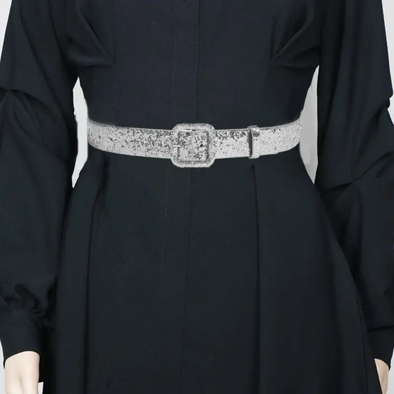 

A52E Pin Buckle Waist Belt for Women Blingbling Powder PU Belt All Matching Western Belt Shimmering Waiststrap for Dresses