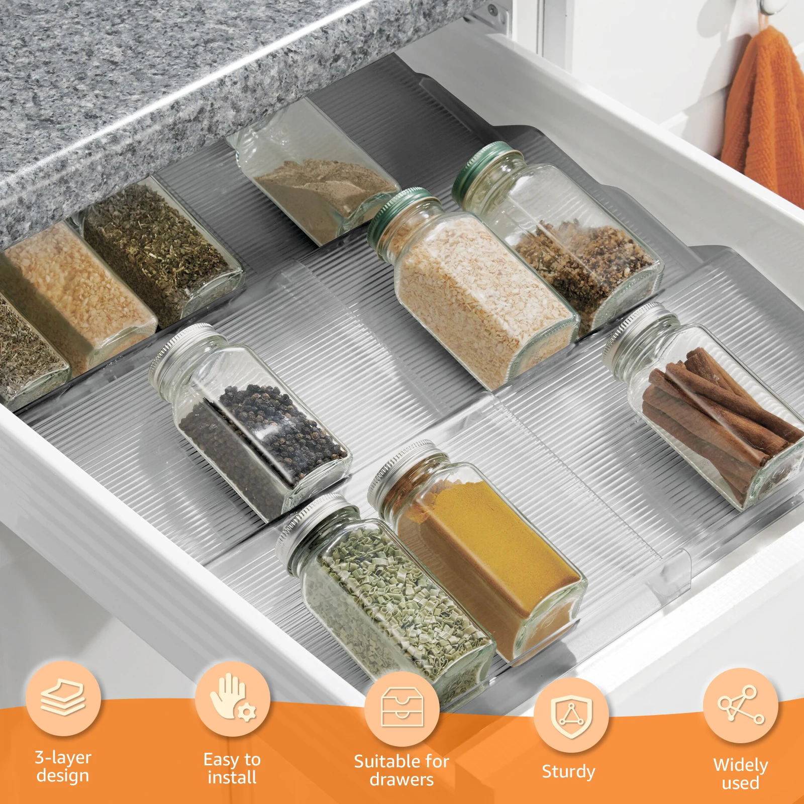 3 Layer Spice Drawer Organizer Expandable Spice Jar Rack Tray Plastic Seasoning Organizer Cabinet Kitchen Shelves for Countertop