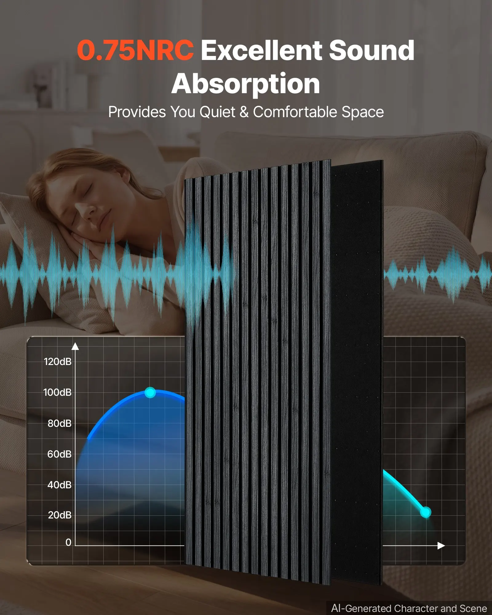 Wood Wall Panels, 47.2 x 23.6 in, 6-Pack, Acoustic Slat Panels, Black Oak, Sound Absorbing for Living Rooms, Bedrooms, Offices, Studios, Interior Wall Decor, MDF & PET Construction, Screw Kit