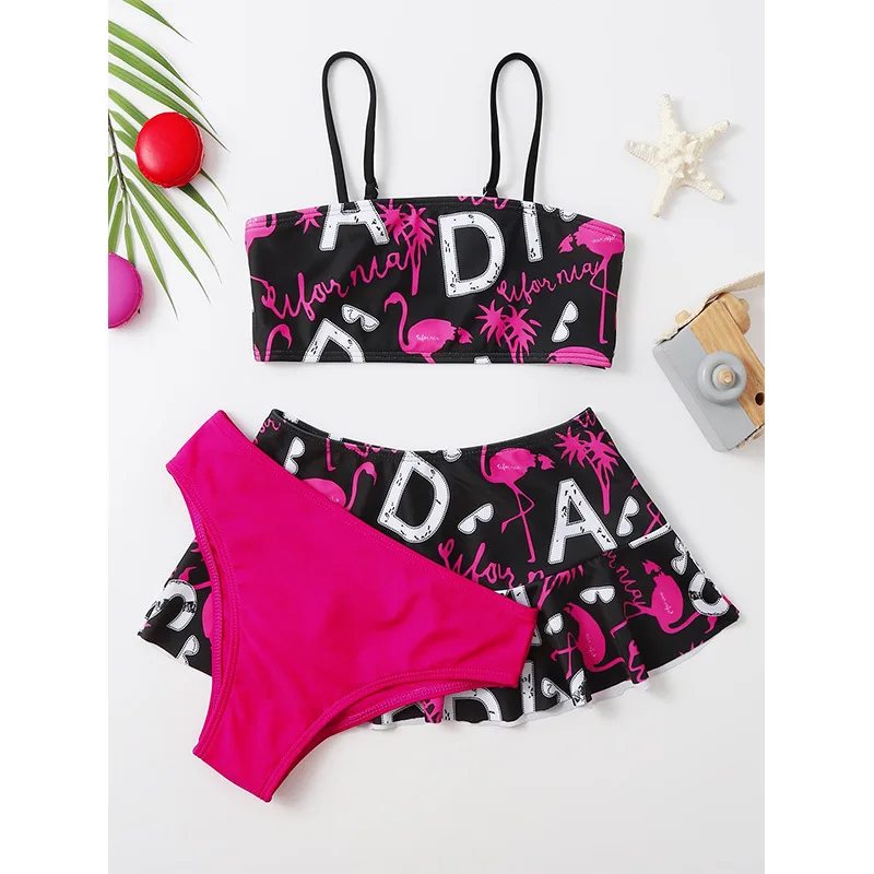 Conjunto de Bikini de 3 Piezas con Estampado de Flamencos y Falda para Niñas de 7 a 12 Años, Traje de Baño Infantil, Ropa de Playa para Adolescentes 2026