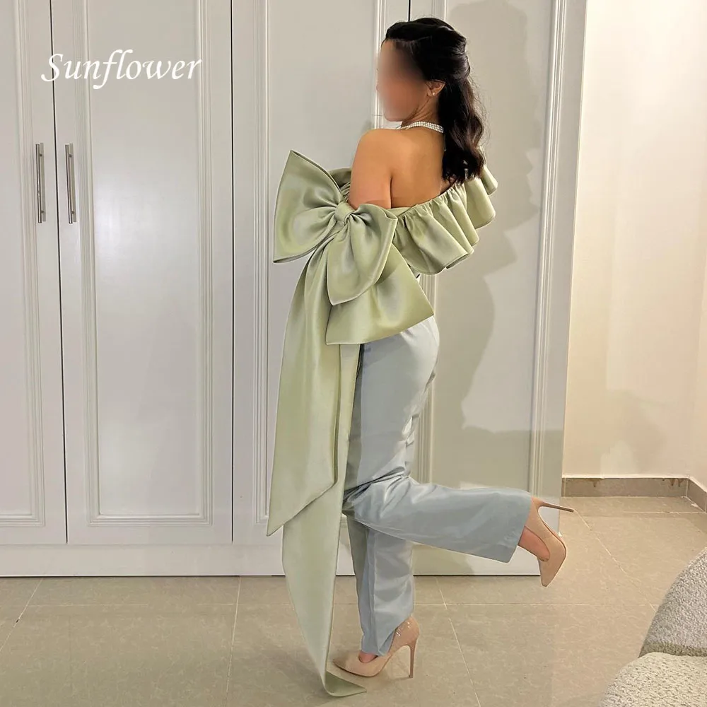 Sunflower Green One-Shoulder Satin Trousers Prom Gowns 2024 High Quality Slim Bow Long Sleeve Ankle-Length Formal Evening Dress