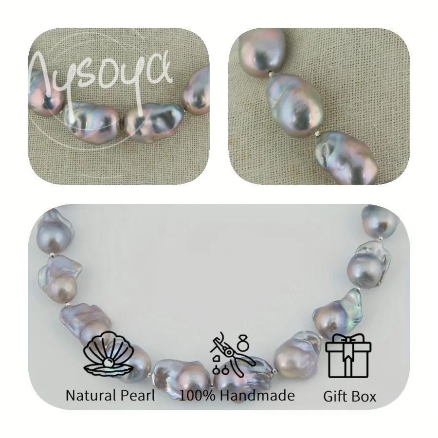 

MYSOYA 13-16mm Silvery Gray Baroque Freshwater Pearl Necklace With Gift Box Perfect Gift For Wedding Birthday Christmas New Year