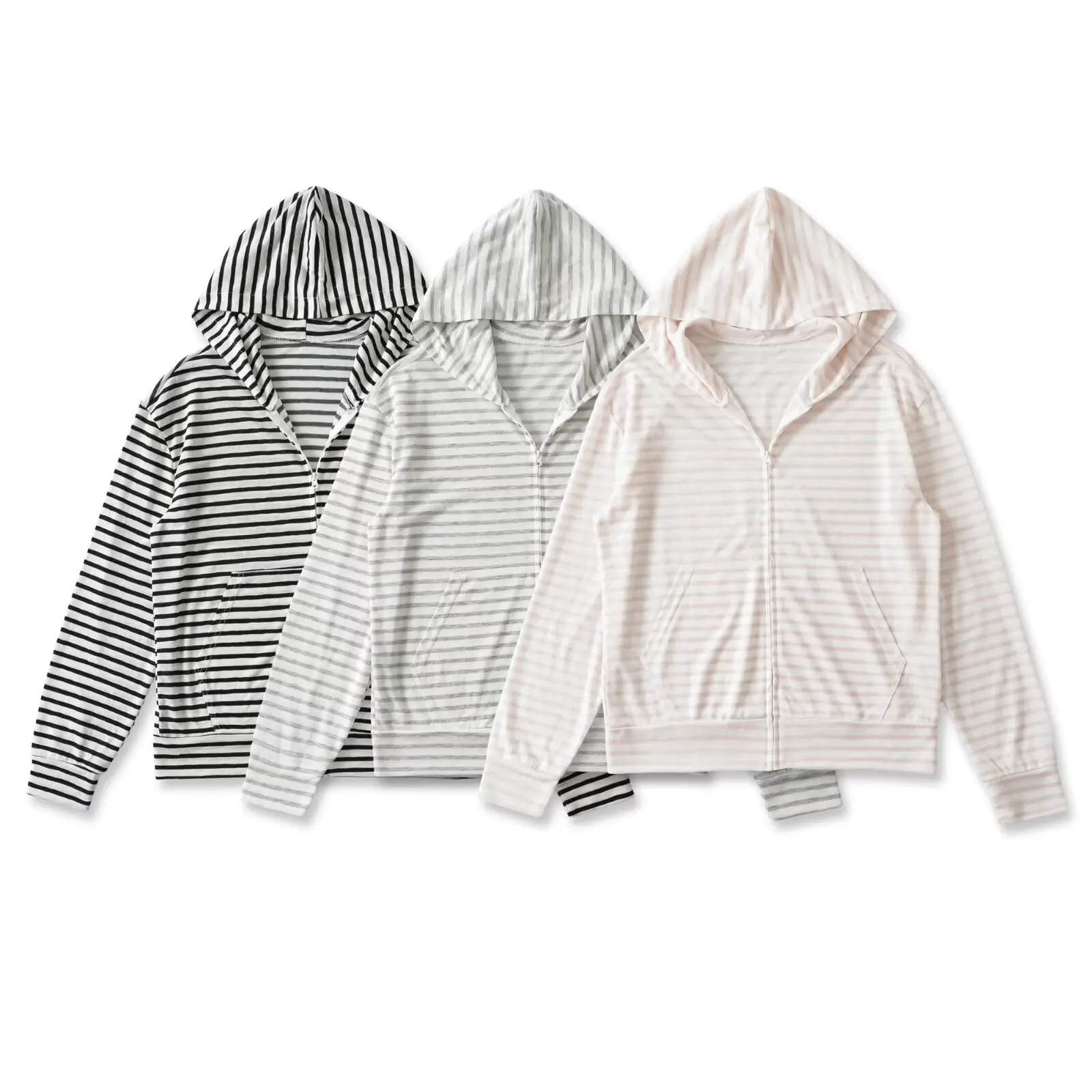American Casual Rayon Stripe Sun Protection Outerwear Women Summer Open Cardigan Hood Breathable Lightweight Loose Garment
