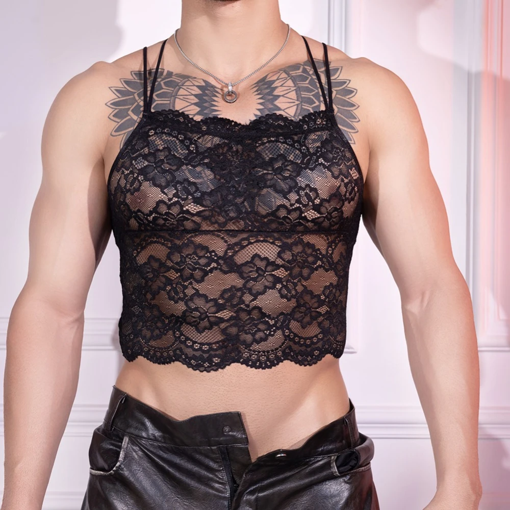Hommes Sexy harnais Muscle corps poitrine gilet dentelle florale débardeurs transparent maille vêtements de nuit élastique érotique Lingerie Camis Singlets