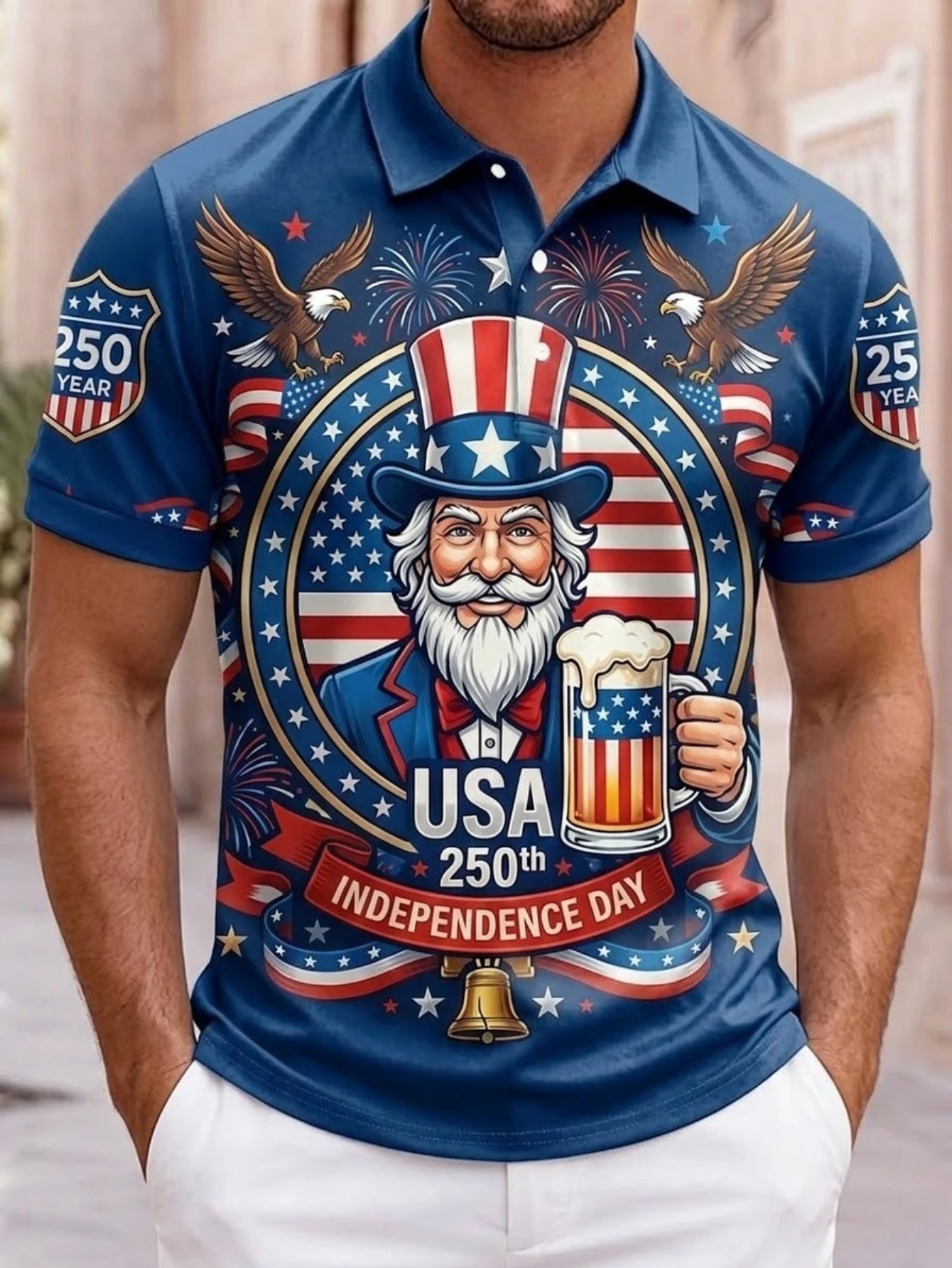 Men's USA 250th Anniversary Polo Shirt 3D Print Bald Eagle Statue of Liberty Liberty Bell 1776-2026 Patriotic Short Sleeve Top