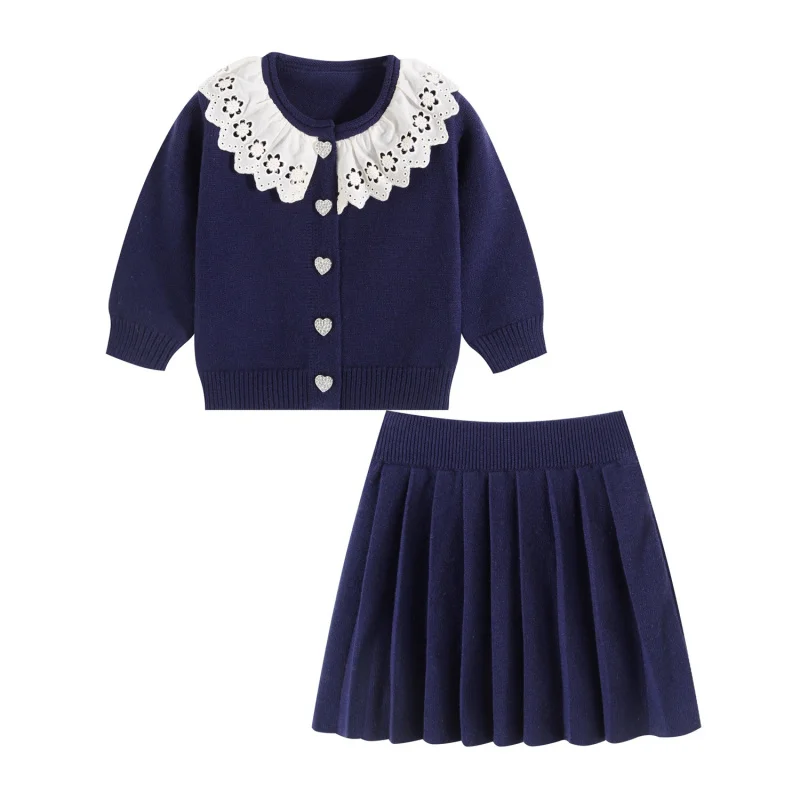 

Girls' Knitted Sweater Set with Lace Collar Cardigan and Pleated Skirt Two-Piece Infant Sweater