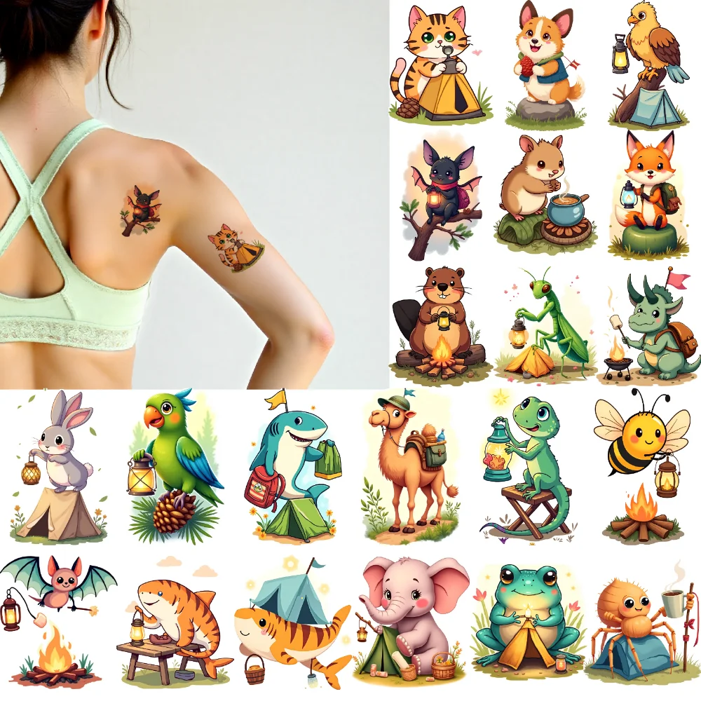 

28 шт., временные татуировки с животными для кемпинга, водонепроницаемые долговечные наклейки для тела, декоративные наклейки с героями мультфильмов для девочек-щёк