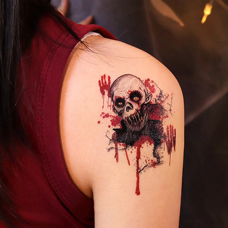 Tattoo Sticker Halloween Skull Bleed Horror Element Waterproof Temporary Fake Tatto for Men Women Makeup Arm Hand Body Art