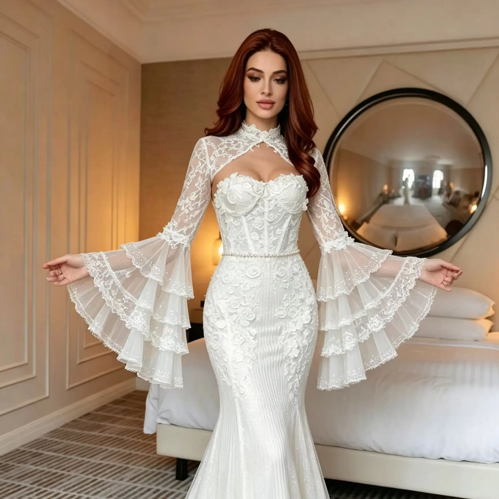 Luxury Mandarin Collar Bridal Bolero Rose Embroidery Multi Tiered Ruffle Flare Sleeves Wedding Ceremony Bridal Evening Banquet
