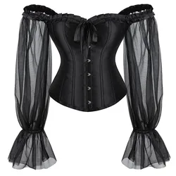 Sexy Corsets Bustiers Off Shoulder Tops For Women Long Sleeves Vintage Corset Gothic Satin Lingerie Corselet Overbust Plus Size