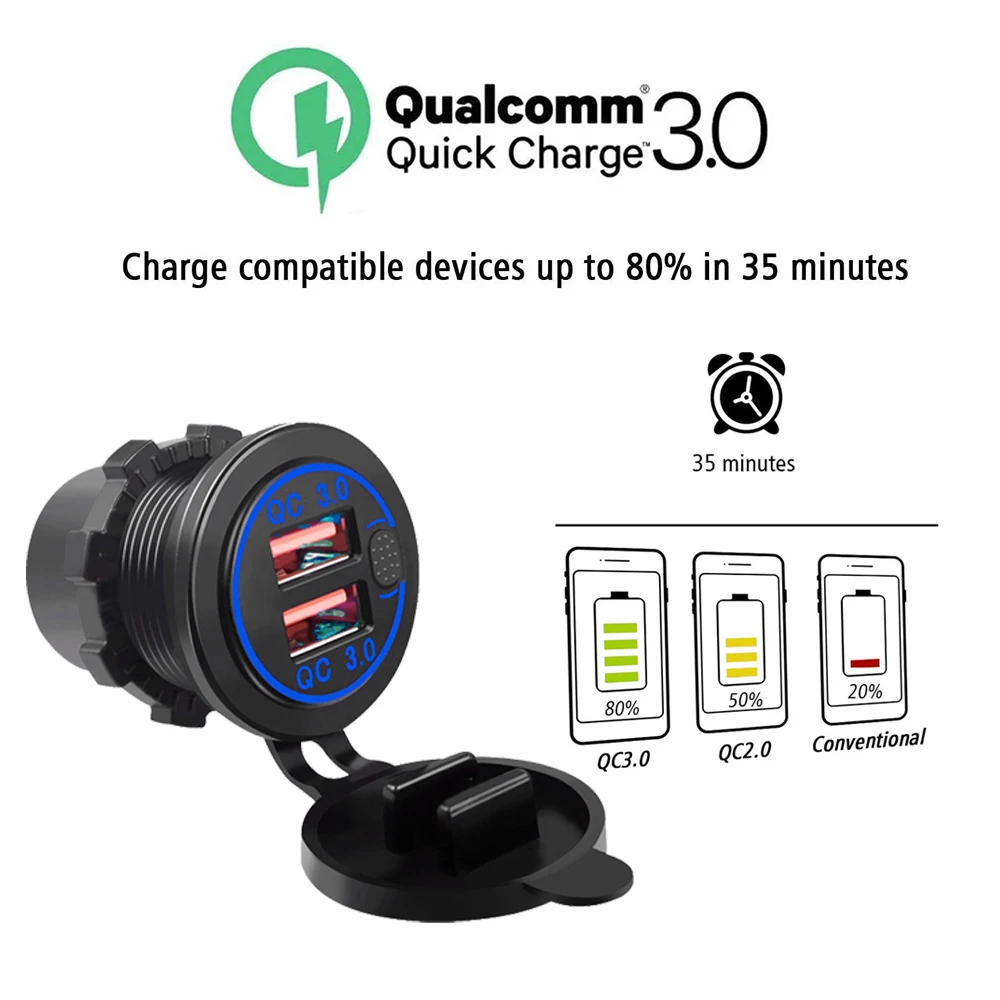 Dual USB Port Phone Charger QC3.0 Quick Charging Outlet Waterproof With LED Lamp on/off Switch 36W Power Adapter For 12V-24V