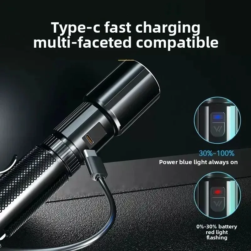 Ultra Bright Long-range LED Flashlight Rechargeable Zoom Pen Light Multi-functional Emergency Torch for Night Fishing Patrol
