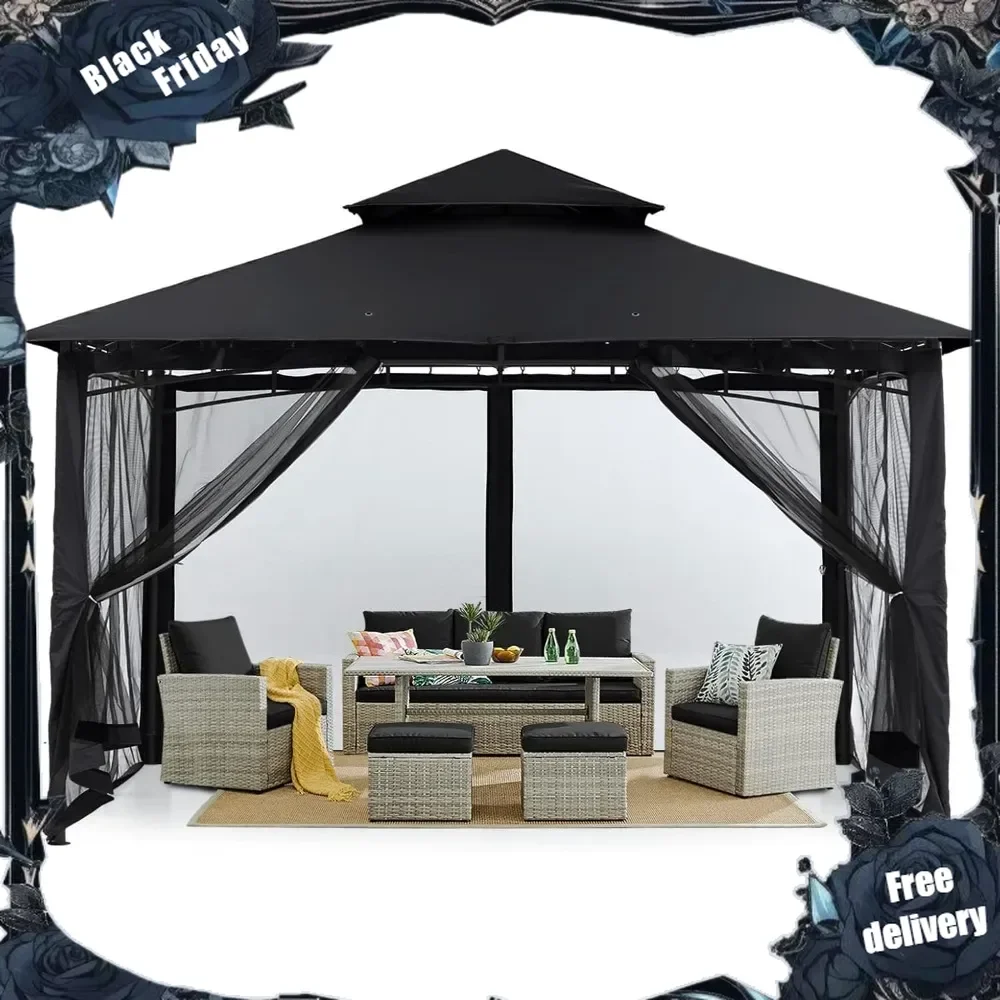 Outdoor Garden Gazebo for Patios with Stable Steel Frame and Netting Walls (10x10)