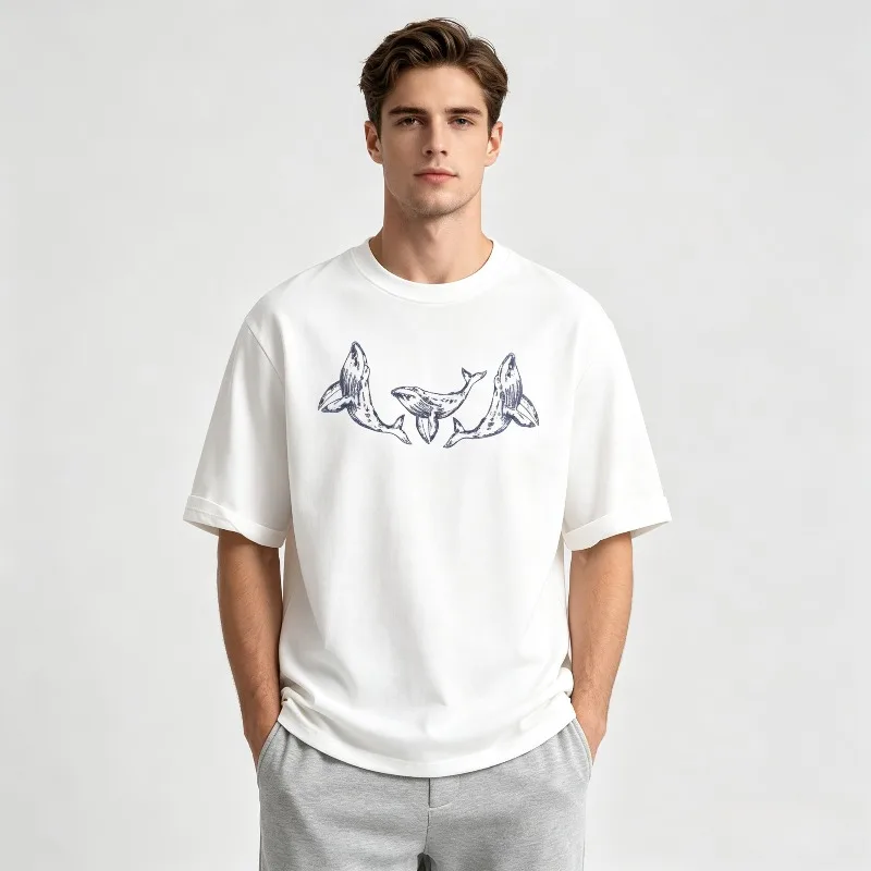 Summer Casual Short Sleeve T-shirt Vintage Hand Drawn Whale Pattern Unisex Casual Loose Ocean Animal Print Basic Tee
