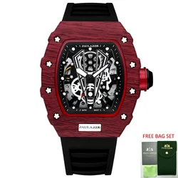 Automatic Watches for Men Self Wind Skeleton Mechanical Red Black Rubber Strap Fashion Tonneau Reloj Hombre