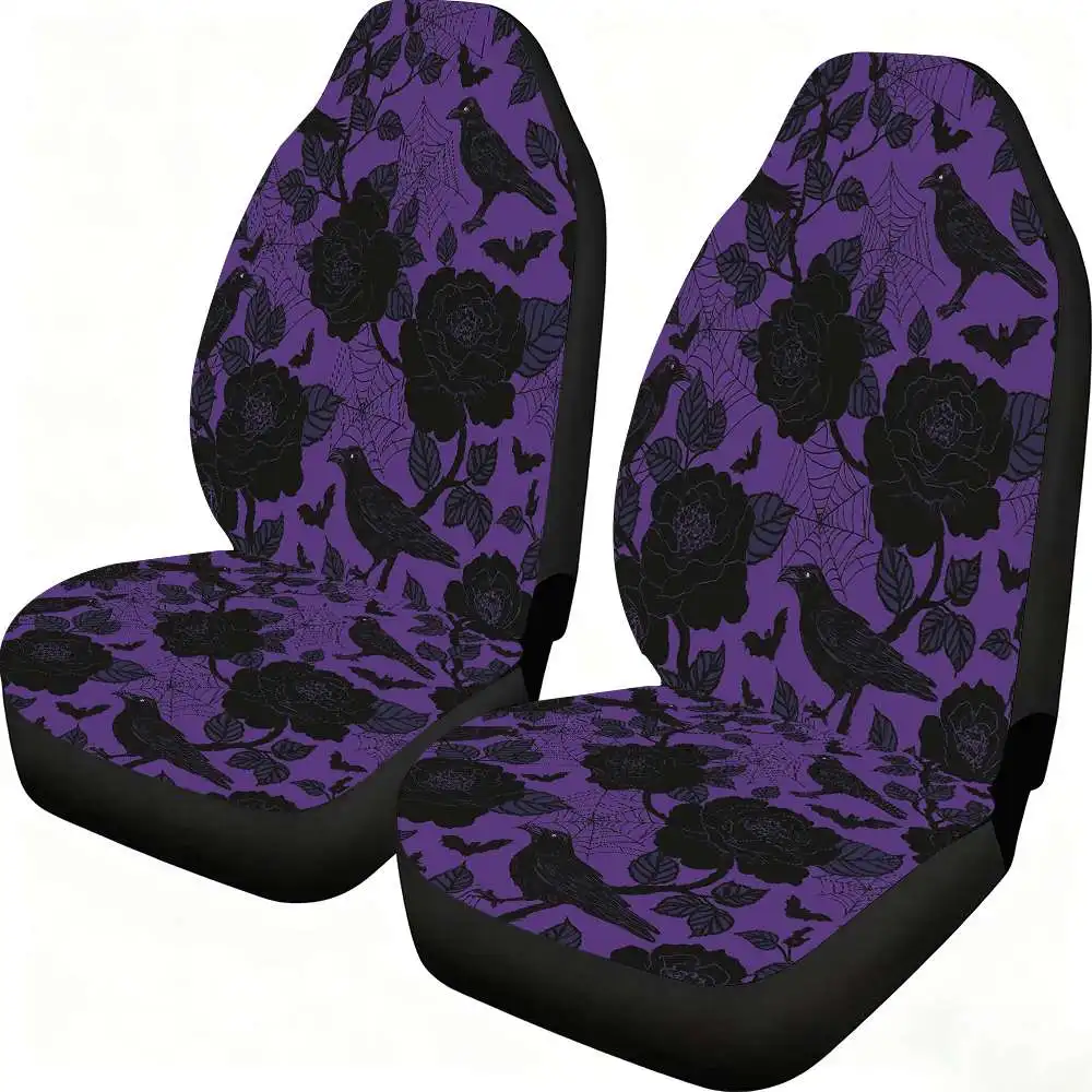 2pcs Gothic Raven Rose and Bat Pattern Car Seat Covers Suitable for Front Seats Suitable for Cars SUVs Women's Car Accessories