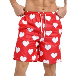 Men Heart Printed Shorts Hawaii Clothes Male Loose Short Pants Drawstring Elastic Waistband Trunks for Vacation Beach Pool Party