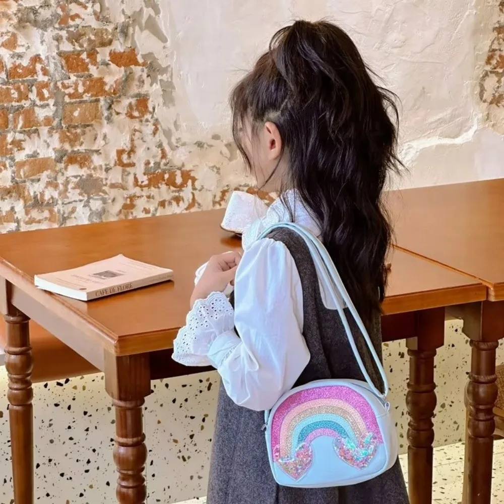 Cute PU Leather Shoulder Bags Rainbow Heart Portable Crossbody Bag Sequins Print Clutch Style Children Purse For Girls