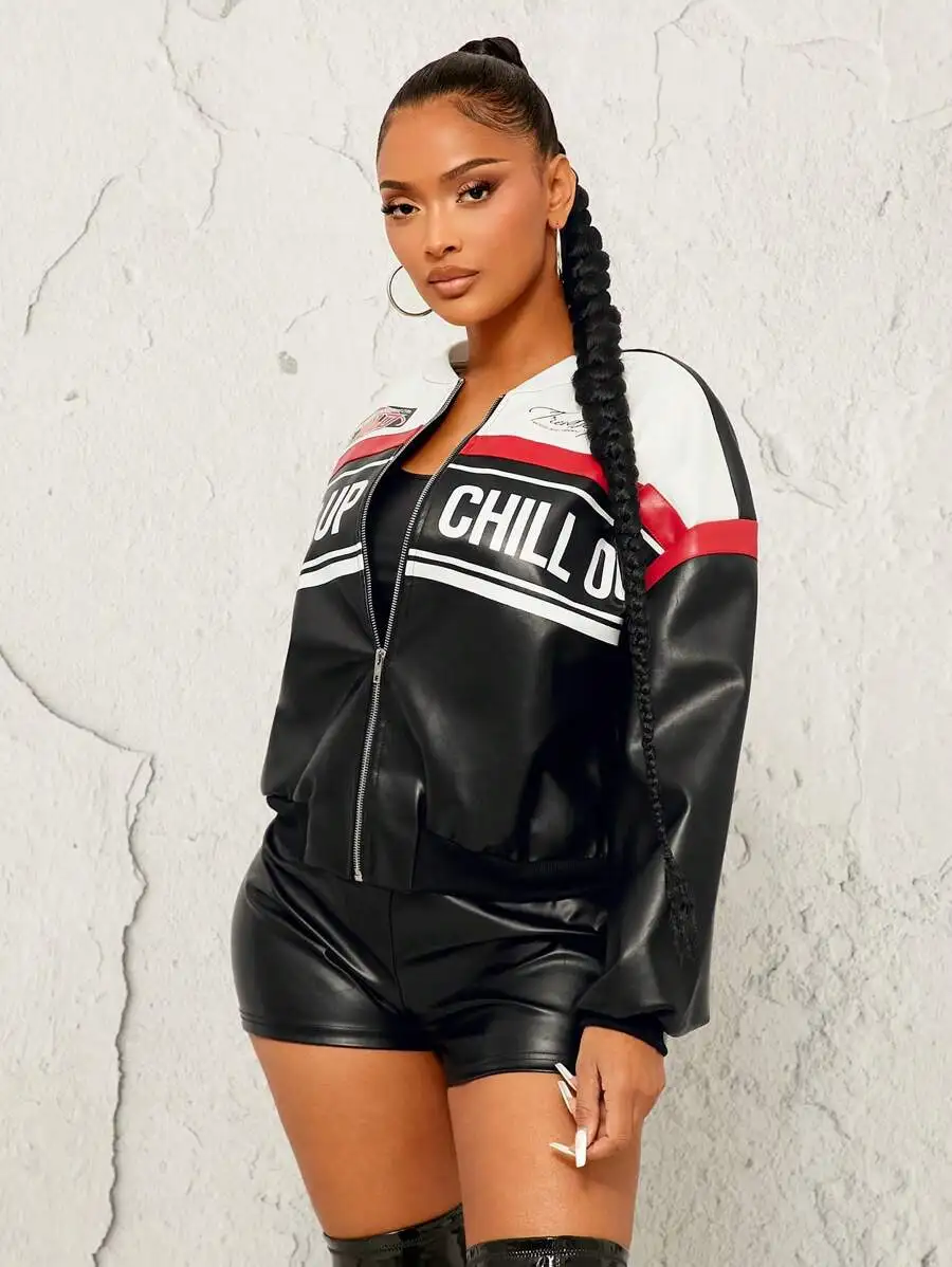 سترة نسائية من جلد البولي يوريثان مع رسومات حروف وتصميم كتلة ألوان، كتف منسدل، خريف/شتاء