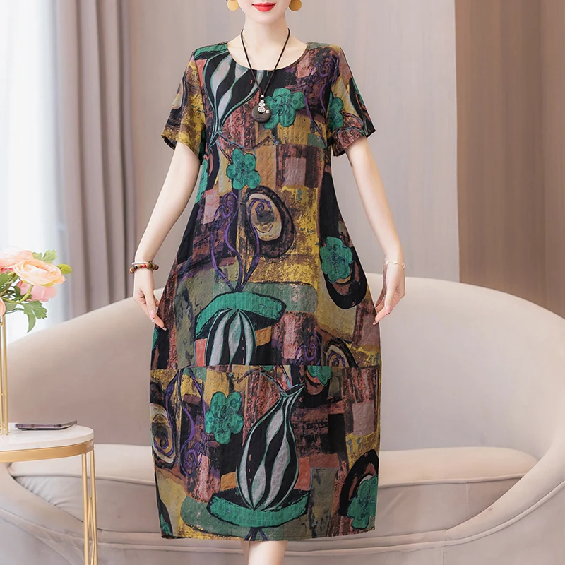 New Fashion Vintage Floral Print Short Sleeve Casual Party Femme Summer Dresses For Women 2023 O-neck Straight Women Clothing