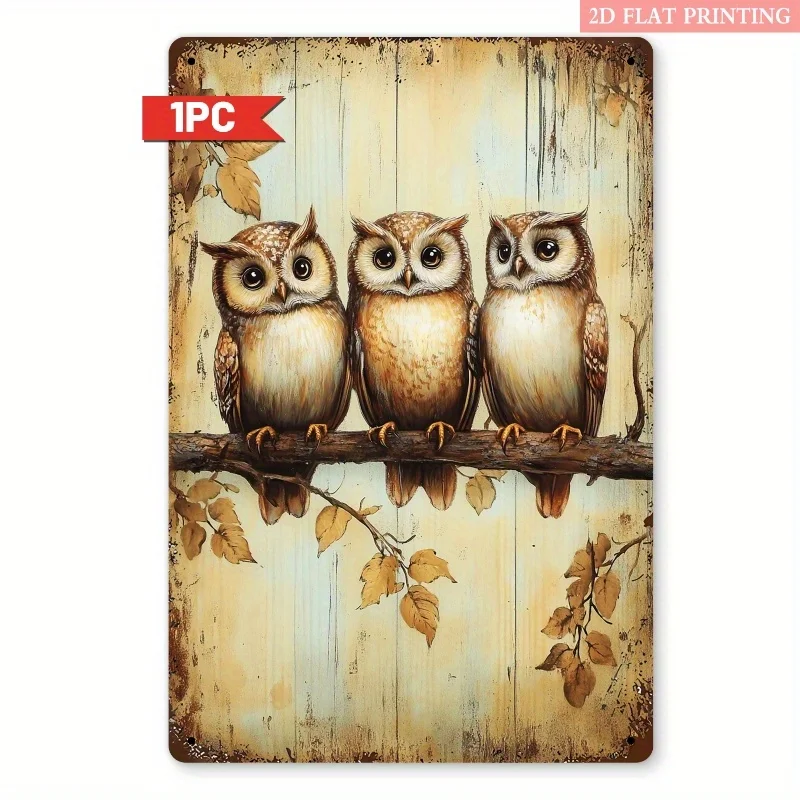 2D Flat - This Is a 2D Vintage Metal Sign Featuring Three Owls, Measuring 8X12 Inches. It Has a Rustic And Serene Design, Making