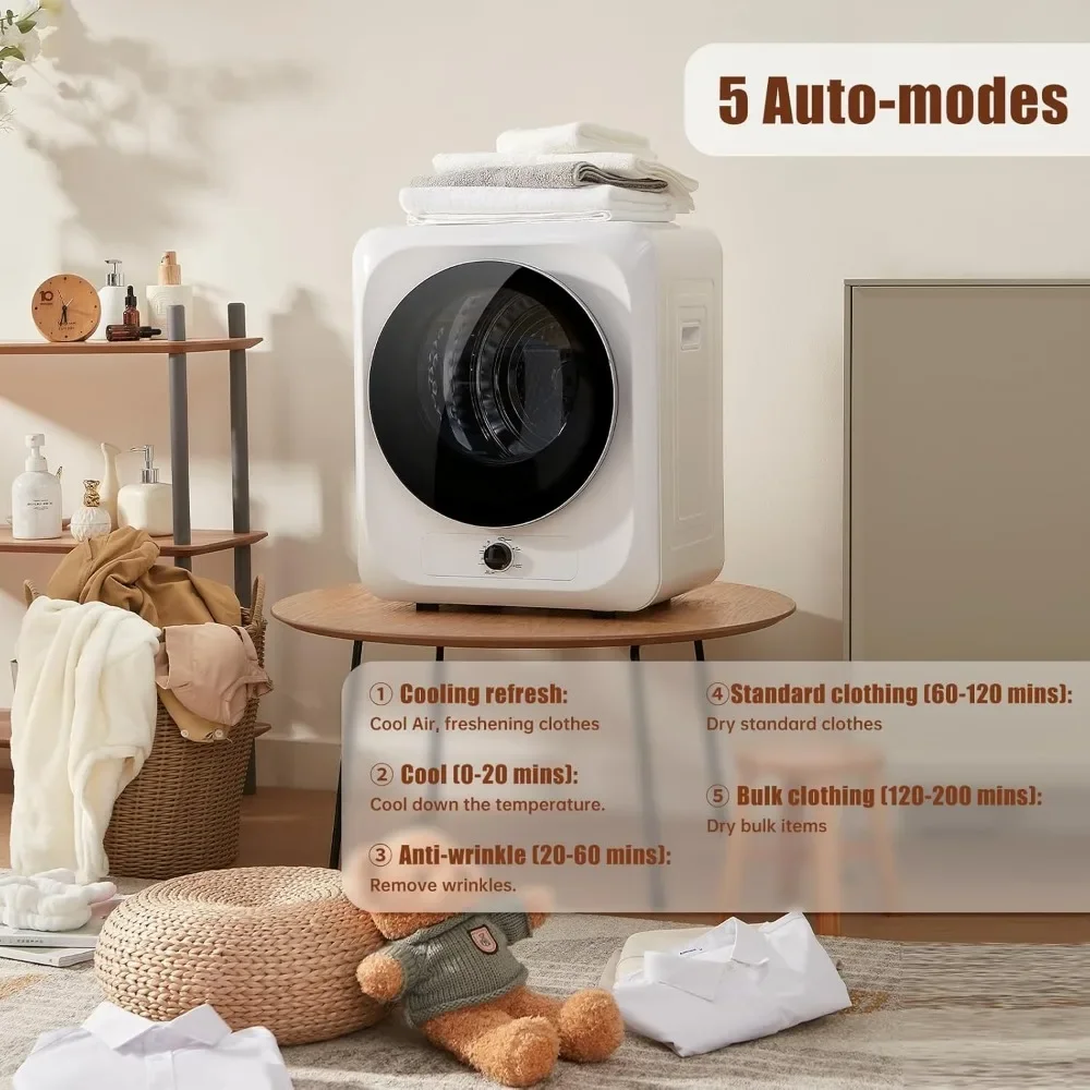 Sèche-linge portable avec 5 modes de séchage, 110V, 10 livres, seau en acier inoxydable, 1.5 pieds cubes, mini sèche-linge monté à l'avant