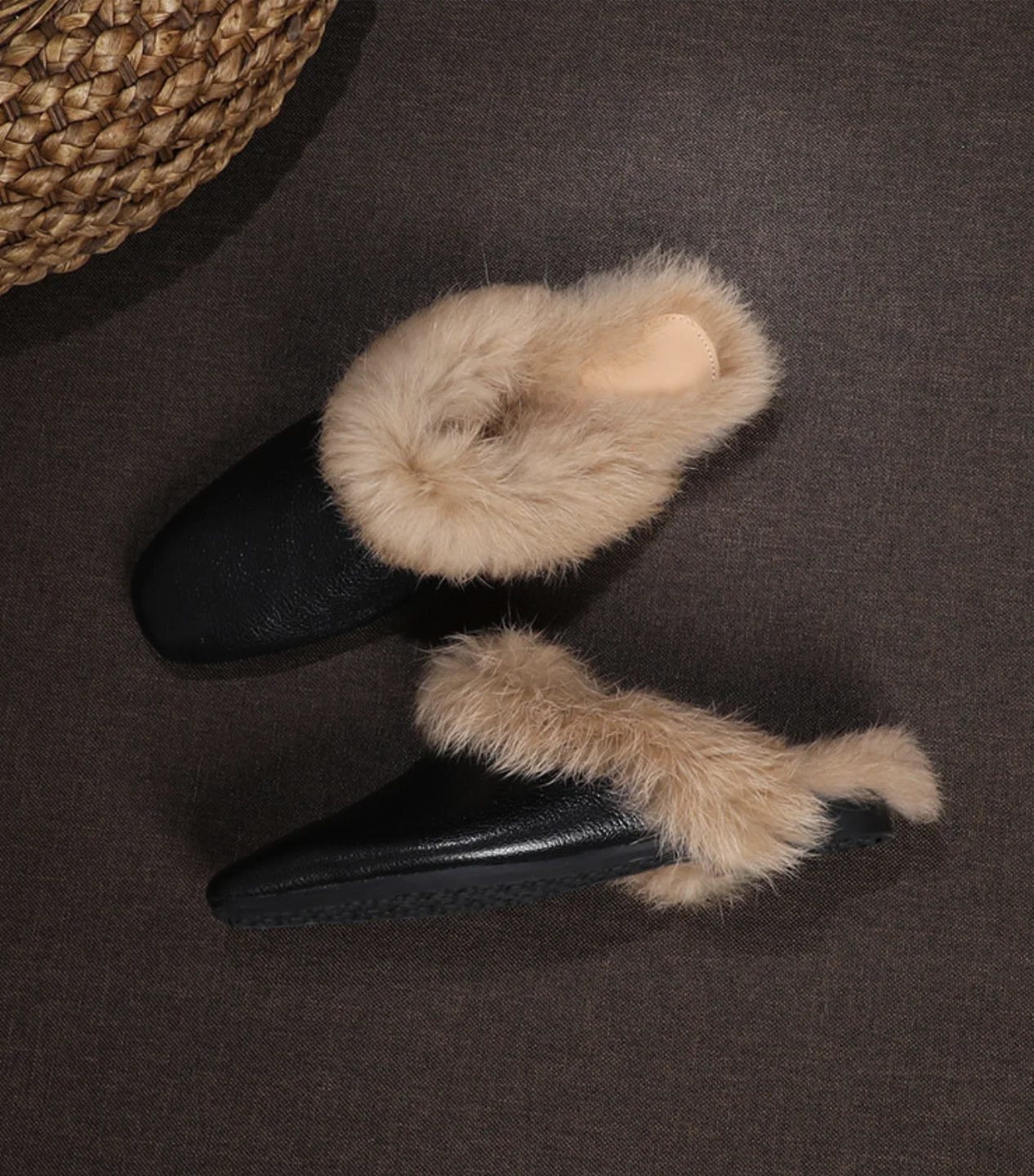 SHOEBOX ‌Real leather hairy toe cap half slippers for women wearing outdoors in 2026 winter, with plush rabbit hair low heel