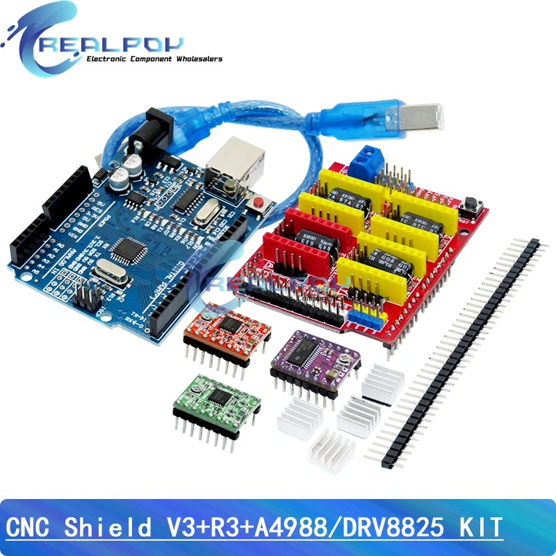 【セール中】CNCシールドV3彫刻機3Dプリンター + 4個DRV8825またはA4988ドライバー拡張ボード Arduino用 UNO-R3対応 USBケーブル付き